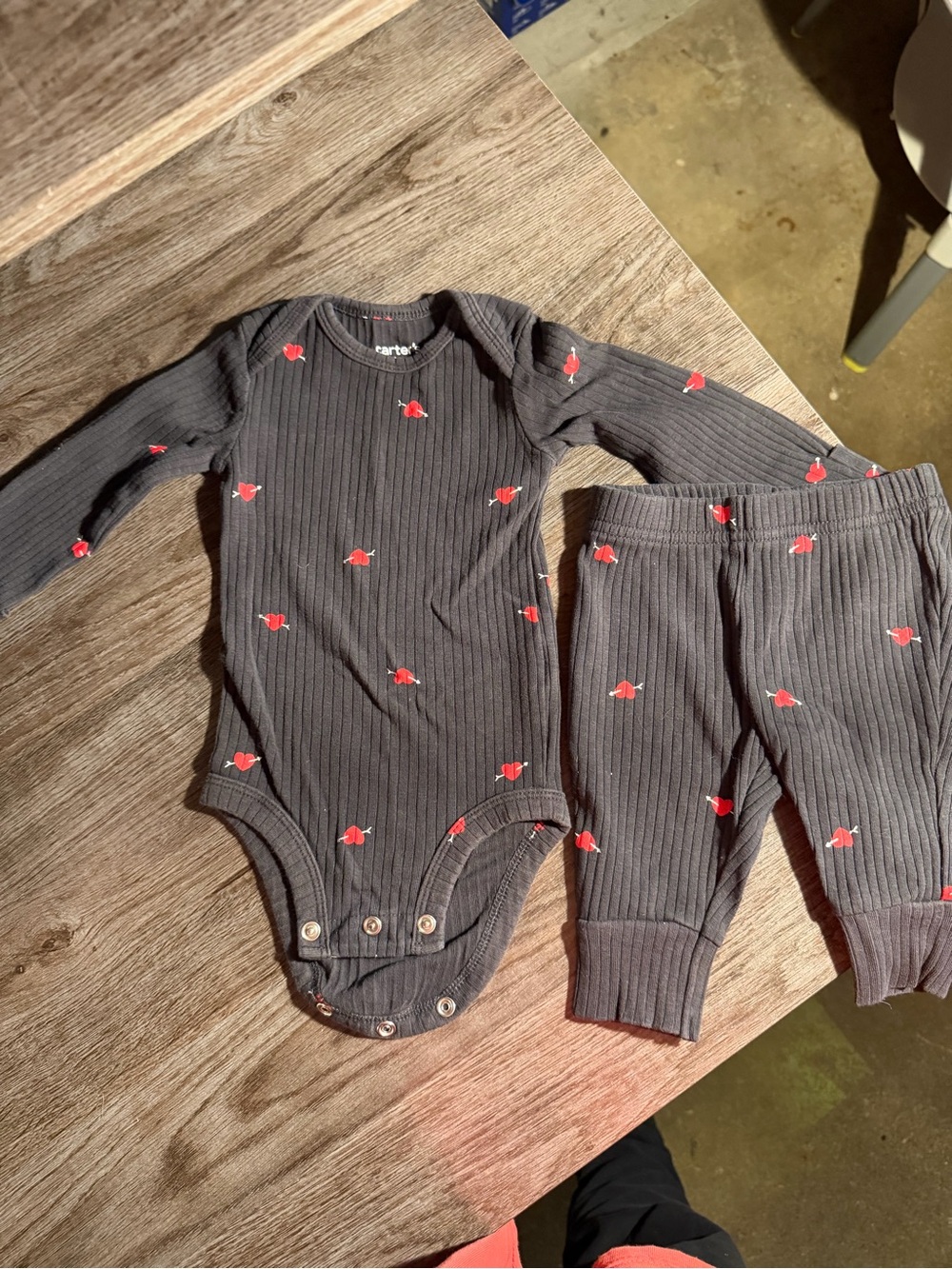Carter's Charcoal Ribbed Bodysuit and Pants Set with Red Heart Accents